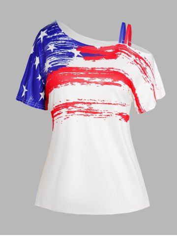 Plus Size Star Striped Print Skew Neck Patriotic T Shirt - WHITE - L