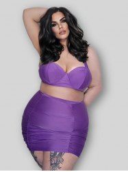 Plus Size Tummy Control Ruched Skirt and Briefs Swim Bottom Set -  
