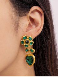 Vintage Heart Flower Faux Gem Drop Earrings -  