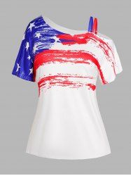 Plus Size Star Striped Print Skew Neck Patriotic T Shirt -  