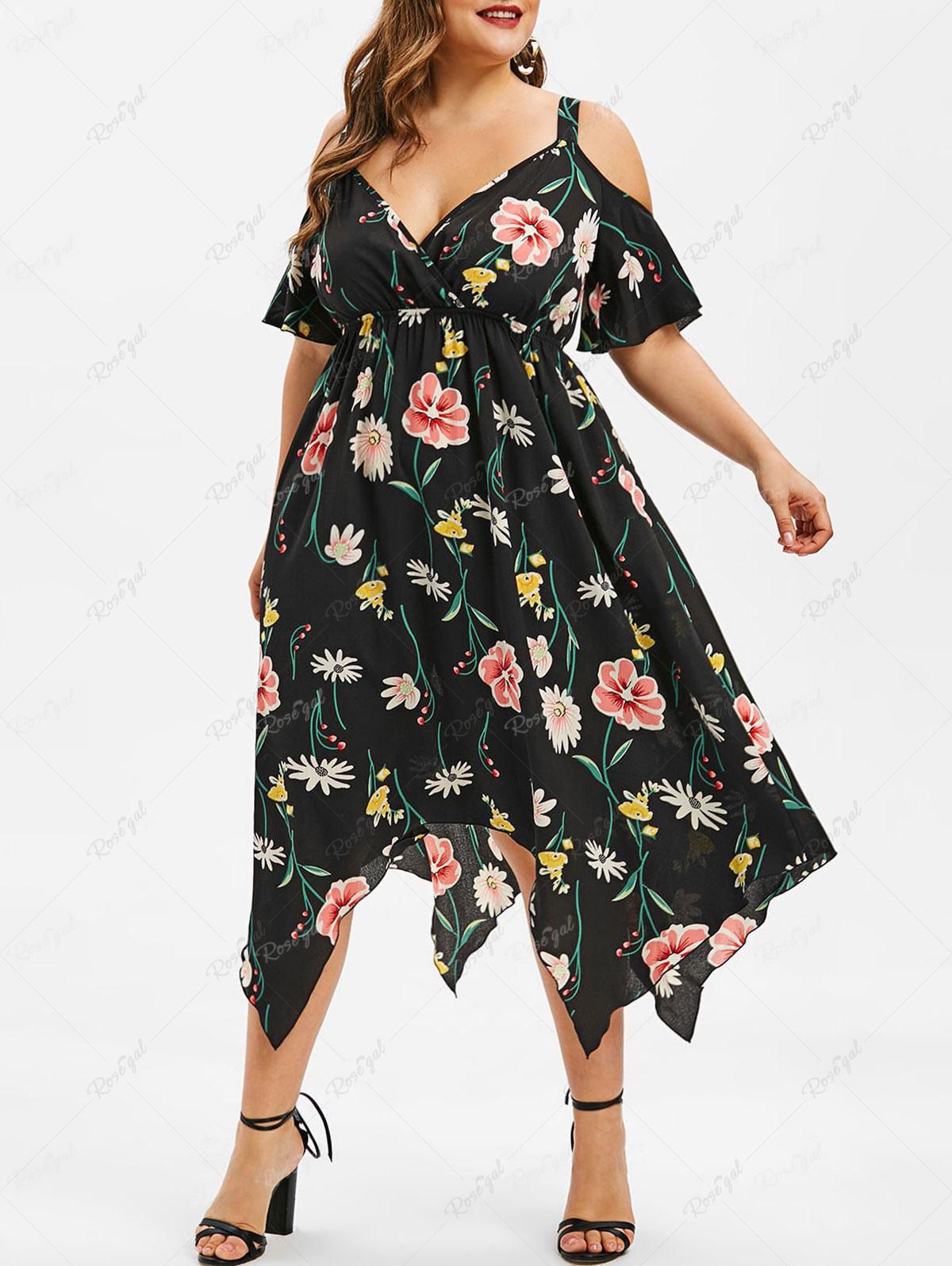 Outfits Plus Size Flower Print Handkerchief Cold Shoulder Dress  