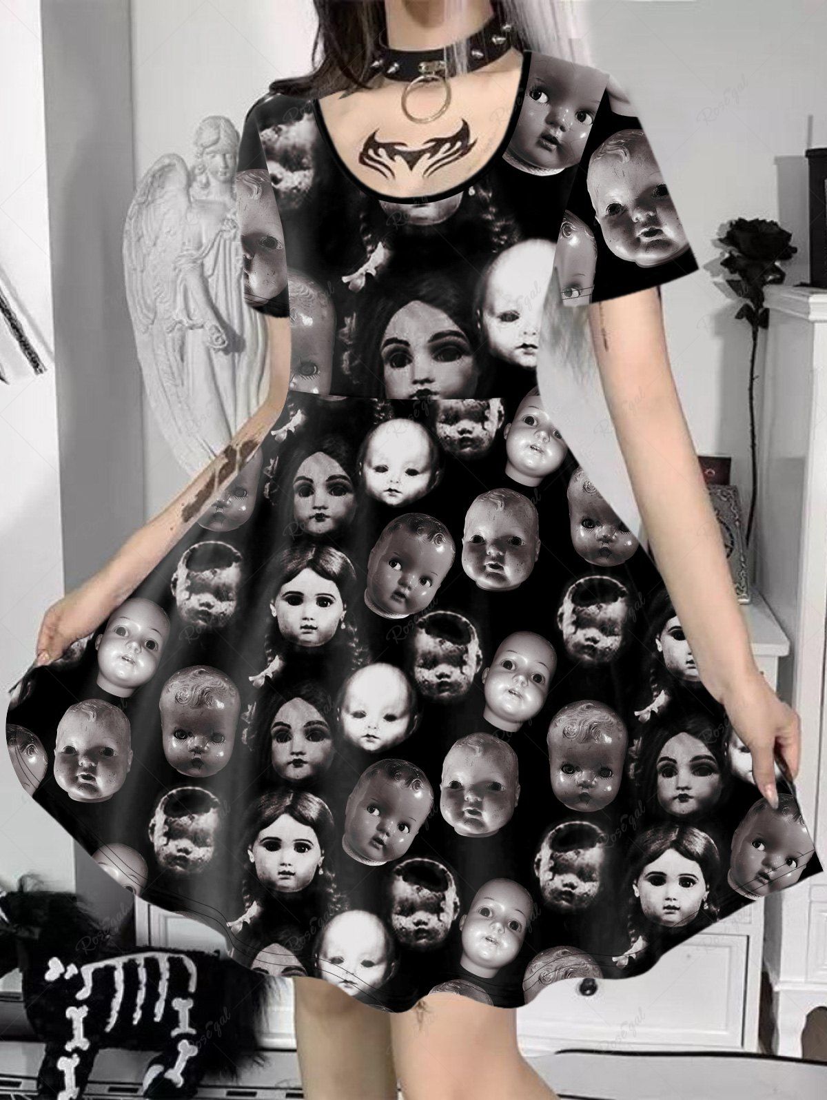 Robe Chemise D'Halloween Gothique Ligne A à Imprimé Bébé Terrifiante Noir 1X | US 14-16