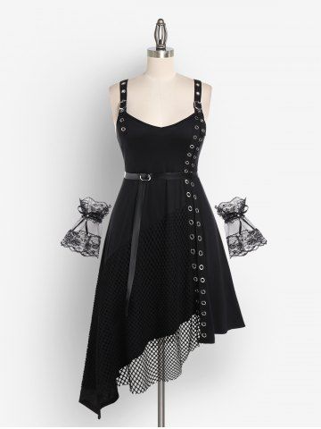 Robe Asymétrique Gothique Ceinturée Fleur Panneau en Résille sans Manches à Lacets - BLACK