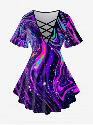 Plus Size 3D Glitter Swirl Print Crisscross Short Sleeve T-Shirt - PURPLE - 2X | US 18-20
