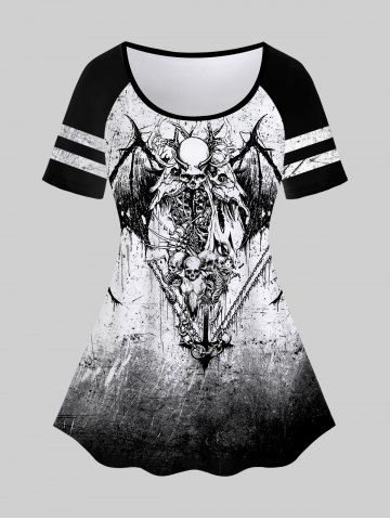 Gothic Skulls Chain Wing Print Raglan Shoulder Short Sleeve T-Shirt - WHITE - 5X | US 30-32