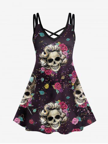 Gothic Skull Flower Leaves Print Crisscross Cami Dress - BLACK - 3X | US 22-24