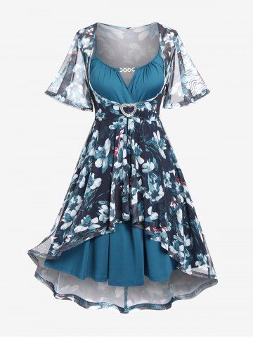 Plus Size Flower Print Heart Buckle Sheer Blouse and Chain Panel Dress Set - DEEP BLUE - 1X | US 14-16