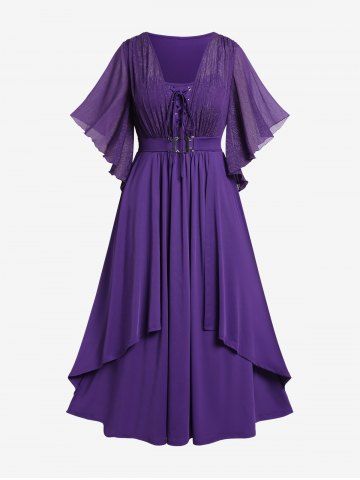 Plus Size Lace Up Buckle Grommet Layered Butterfly Sleeve Dress