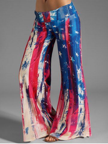 Star And Stripe Splash Painting Print Long Wide Leg Pants - MULTI - L
