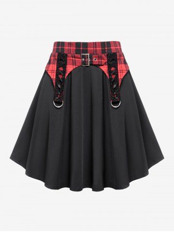 Plus Size Buckle Lace Up Plaid Skirt - BLACK - M | US 10