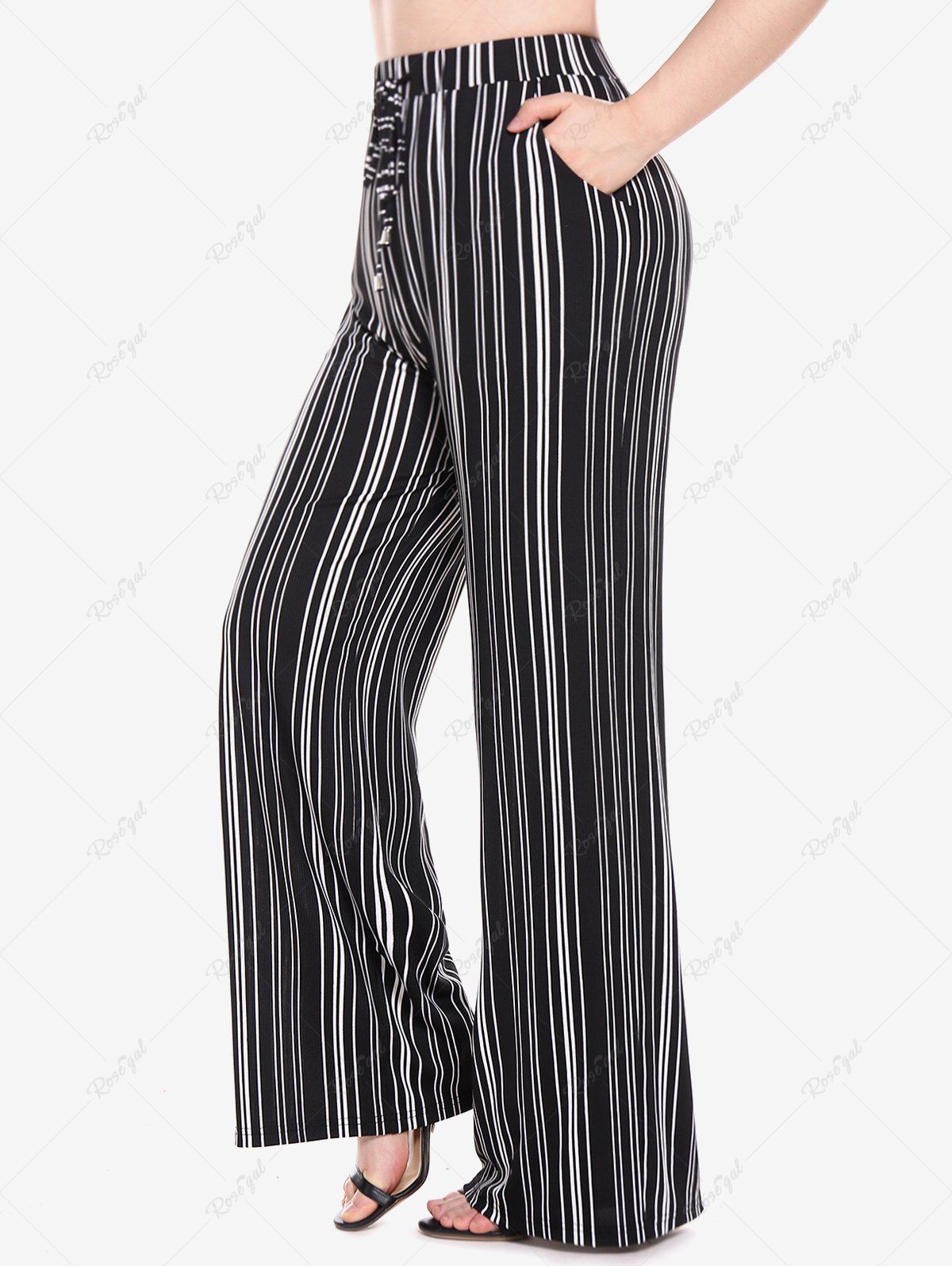 Hot Plus Size Drawstring Striped Wide Leg Pants  