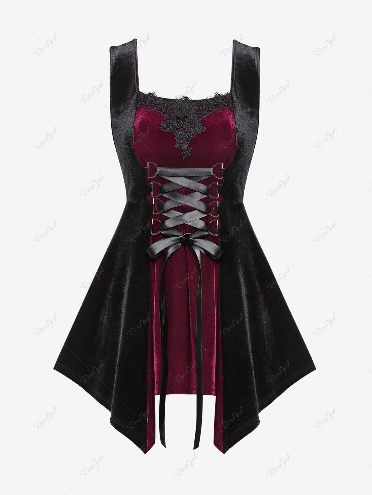 Discount Gothic Lace-up Handkerchief Floral Lace Panel Tank Top  