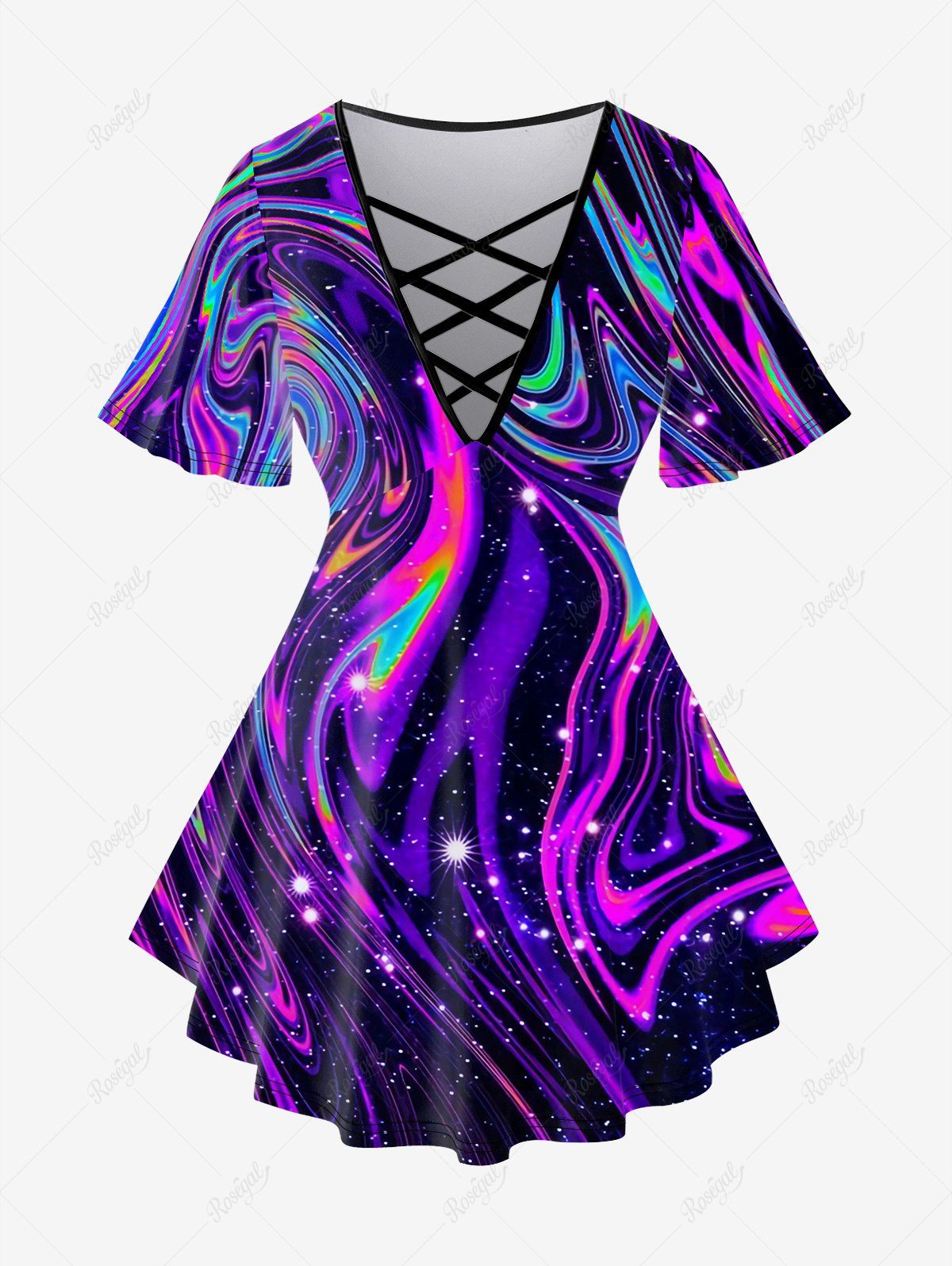 Store Plus Size 3D Glitter Swirl Print Crisscross Short Sleeve T-Shirt  