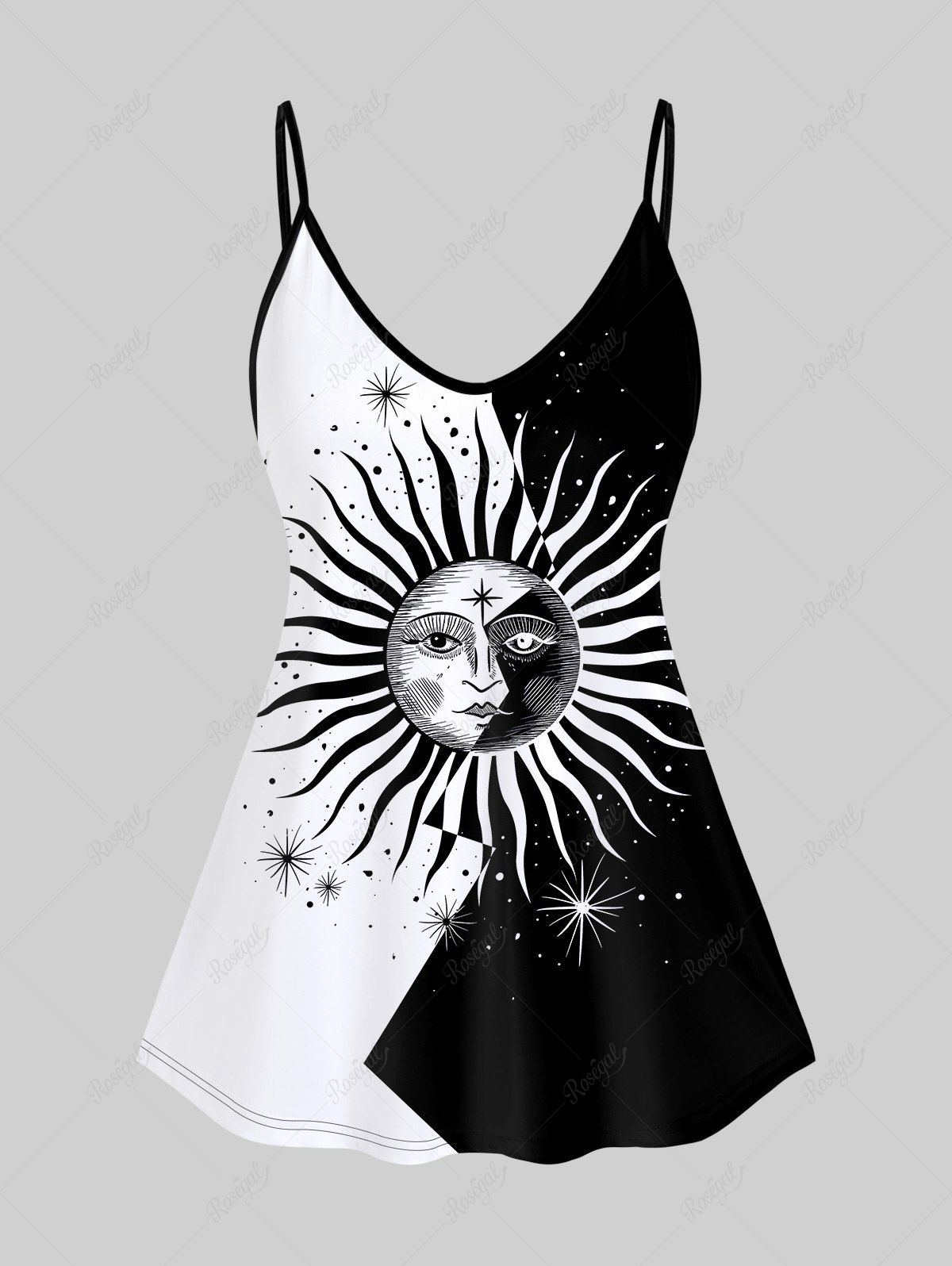 Fashion Plus Size Colorblock Sun Glitter Print Cami Top (Adjustable Shoulder Strap)  