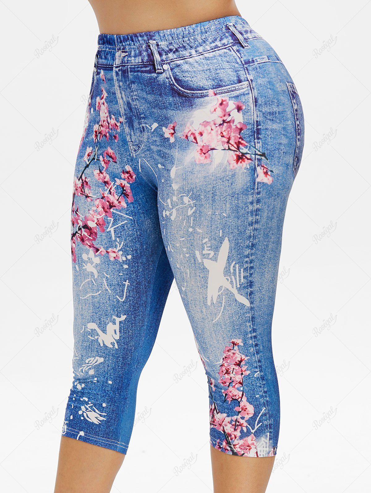 Legging Capri 3D Fleur Imprimée avec Poches de Grande Taille en Denim Bleu clair 5x | US 30-32
