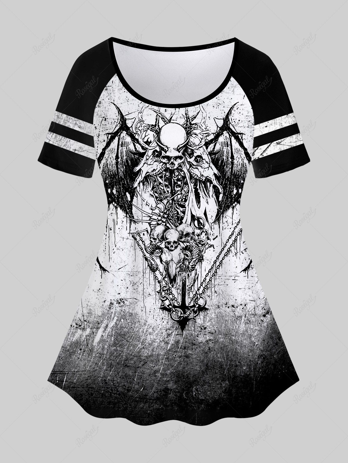 Latest Gothic Skulls Chain Wing Print Raglan Shoulder Short Sleeve T-Shirt  