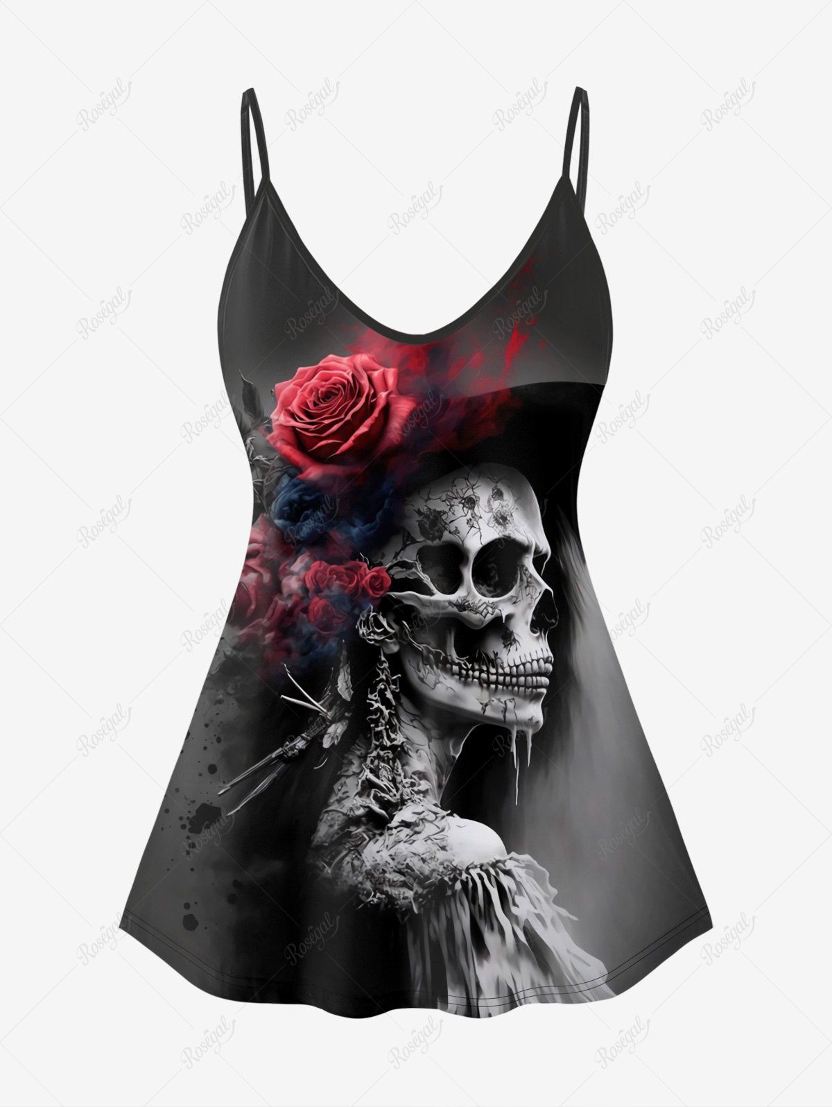 Haut Gothique à Bretelles Réglables Imprimé Rose et Crâne (Bandoulière) Noir 2X | US 18-20