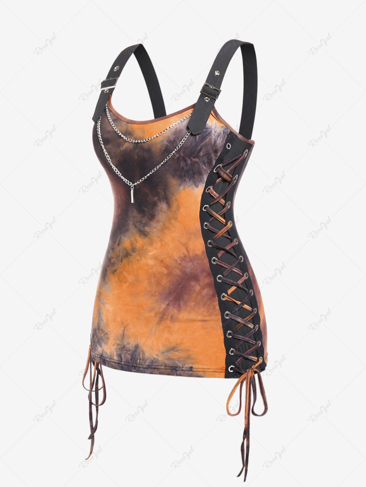 Store Plus Size Tie Dye Lace Up Buckles Chain Tank Top  
