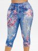 Plus Size 3D Flower Pockets Denim Print Capri Jeggings -  