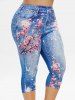 Legging Capri 3D Fleur Imprimée avec Poches de Grande Taille en Denim - Bleu clair 5x | US 30-32