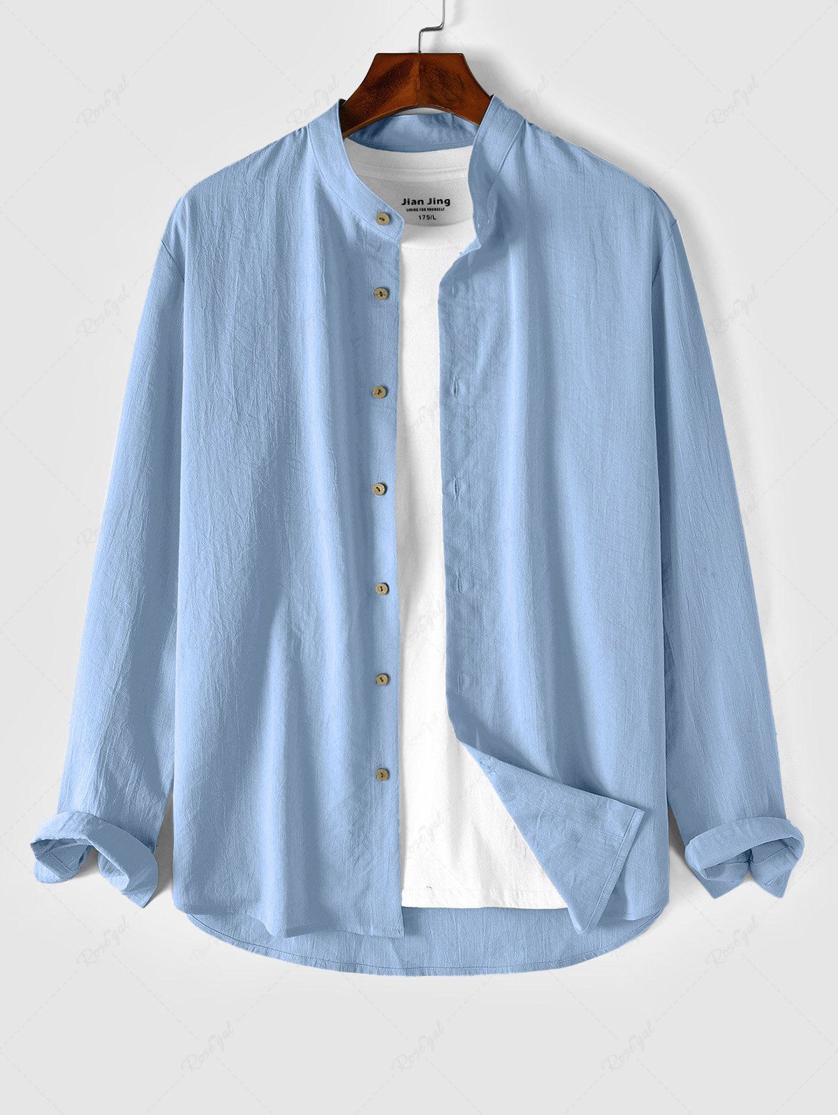 Chemise de Base Texturée en Coton et en Lin à Manches Longues Bleu clair XL