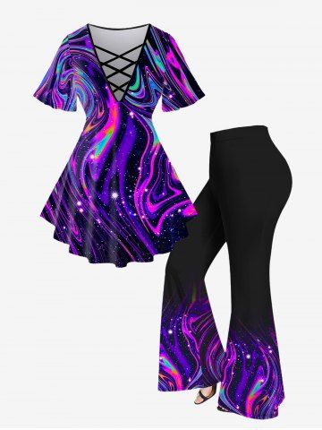 Plus Size 3D Glitter Figure Printed Crisscross T-Shirt and Flare Pants Disco 70s 80s Outfit - PURPLE