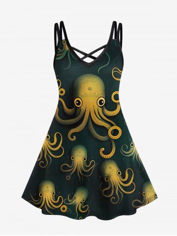 Gothic Octopus Print Crisscross Cami Dress - BLACK - 2X | US 18-20