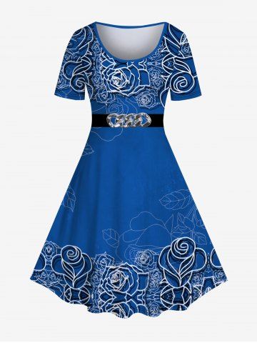 Robe Ceinturée 3D Feuille et Fleur Imprimées de Grande Taille à Manches Courtes - BLUE - 5X | US 30-32