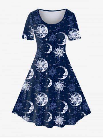 Plus Size Sun Moon Glitter Print Short Sleeve Dress - DEEP BLUE - 5X | US 30-32