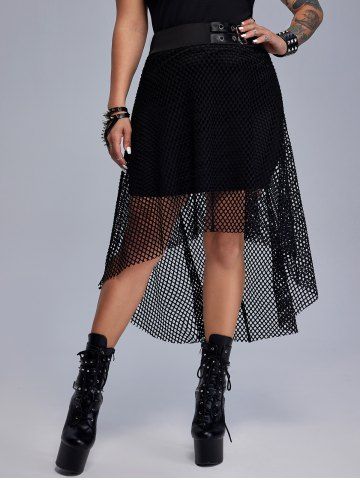Gothic Fishnet Overlay Grommets Buckle High Low Skirt - BLACK - 4X | US 26-28