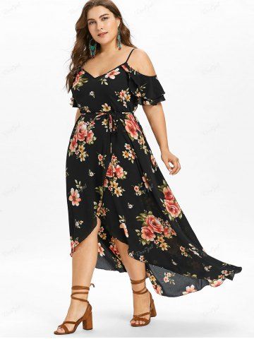 Plus Size Flower Print Lace Up Split Cold Shoulder Dress