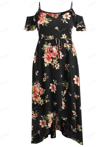 Plus Size Flower Print Lace Up Split Cold Shoulder Dress