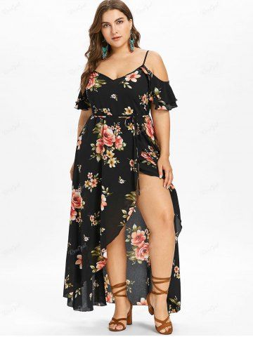 Plus Size Flower Print Lace Up Split Cold Shoulder Dress