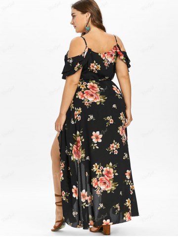 Plus Size Flower Print Lace Up Split Cold Shoulder Dress