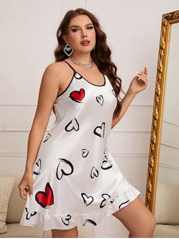 Plus Size Heart Printed Flounce Cami Sleep Dress - WHITE - 3XL
