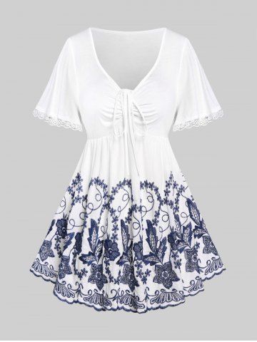 Plus Size Lace Up Ruched Flower Figure Print Short Sleeve T-Shirt - WHITE - M | US 10
