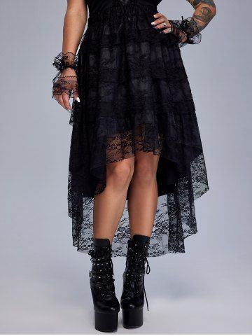 Gothic Layered Lace High Low Maxi Skirt - BLACK - 3X | US 22-24