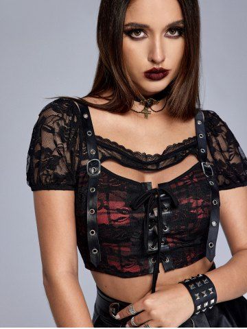 Gothic Lace Panel PU Leather Plaid Grommets Lace-up Cutout Crop Top - RED - M | US 10