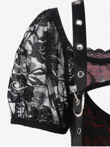 Gothic Lace Panel PU Leather Plaid Grommets Lace-up Cutout Crop Top