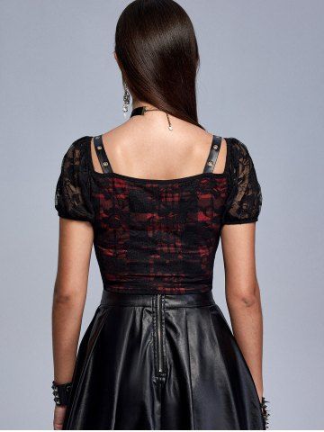 Gothic Lace Panel PU Leather Plaid Grommets Lace-up Cutout Crop Top