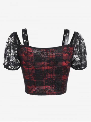 Gothic Lace Panel PU Leather Plaid Grommets Lace-up Cutout Crop Top