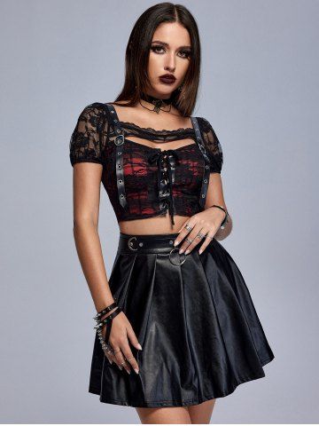 Gothic Lace Panel PU Leather Plaid Grommets Lace-up Cutout Crop Top