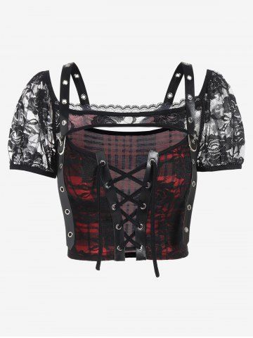 Gothic Lace Panel PU Leather Plaid Grommets Lace-up Cutout Crop Top