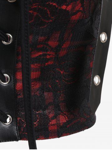 Gothic Lace Panel PU Leather Plaid Grommets Lace-up Cutout Crop Top