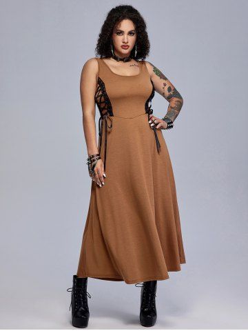 Gothic Lace-up Maxi Sleeveless Dress - COFFEE - L | US 12