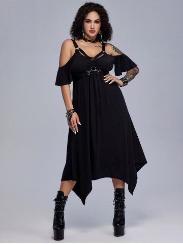 Gothic PU Leather Strap Rings Cold Shoulder Asymmetrical Maxi Dress