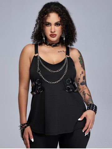 Gothic Grommets Chain Ring Decor PU Leather Straps Tank Top - BLACK - 2X | US 18-20