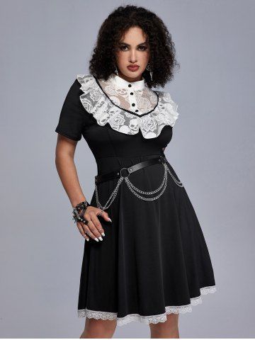 Gothic Contrast Lace Panel Retro Fit and Flare Dress - BLACK - 3X | US 22-24