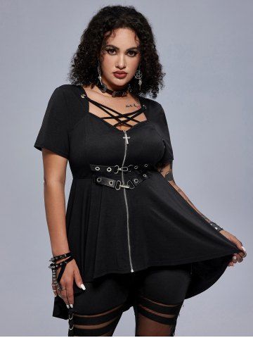 Gothic Caged Cutout Strappy Grommets Zip Front Top - BLACK - 2X | US 18-20