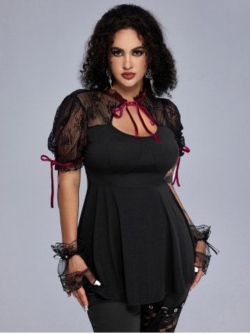 Gothic Sheer Lace Panel Cutout Contrast Ribbons Top - BLACK - L | US 12